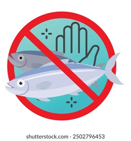 FISH allergy sign illustrate with cute cartoon, hand and warning sign in red line