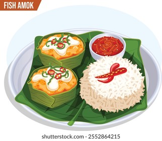 Fish Amok or Amok Trei Cambodian National Dish Detailed Illustration. Fish Curry, Rice and Chili Sauce Served on Banana Leaf. Coconut Cream, Red Chili Peppers and Chopped Kaffir Leaves on Top.