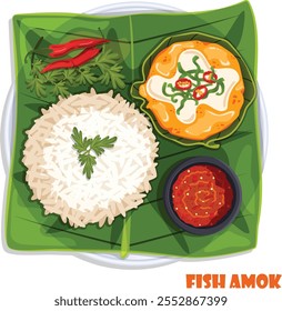 Fish Amok or Amok Trei Top View Detailed Illustration. Fish Curry, Steamed Rice and Chilli Sauce Served on Banana Leaf. Traditional Cambodian Dish.