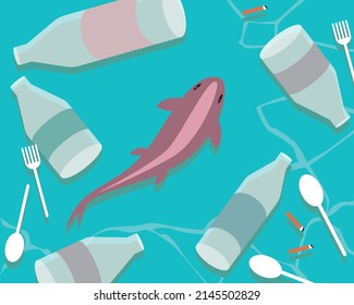 Fish among the garbage in the sea or ocean. Plastic pollution in water concept. Flat vector stock illustration with trash from bottles and disposable tableware and cigarette butts as ecology problem
