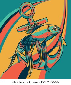 fish anchor vector illustration line art quality