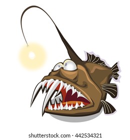 Fish an angler bares its sharp fangs. Cartoon fish isolated on a white background. Vector illustration.