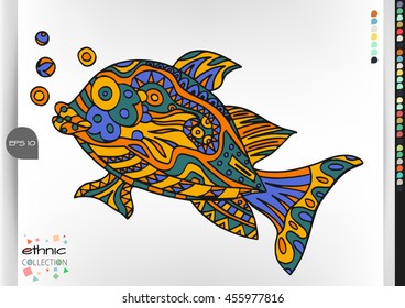 Fish .Animal patterns with hand-drawn doodle waves and lines. Vector illustration in bright colors.