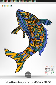 Fish .Animal patterns with hand-drawn doodle waves and lines. Vector illustration in bright colors.