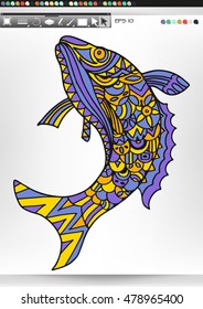 Fish .Animal patterns with hand-drawn doodle waves and lines. Vector illustration in bright colors.
