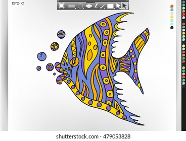 Fish .Animal patterns with hand-drawn doodle waves and lines. Vector illustration in bright colors.