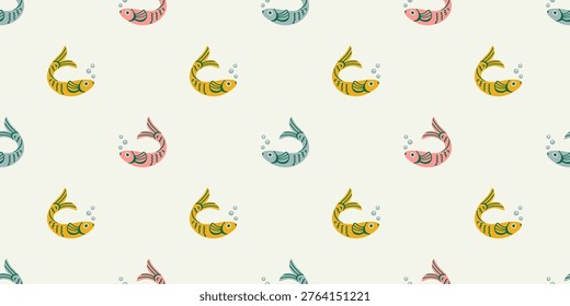 Fish animal seamless pattern. Summer background design. Vacation travel concept. Fishing activity flat cartoon backdrop illustration.
