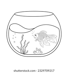fish, aquarium, bowl, fishbowl, vector, icon, line, white, outline, coloring, goldfish, drawing, black, tank, gold, illustration, cartoon, water, pet, art, draw, simple, jumping, isolated, sketch, kid