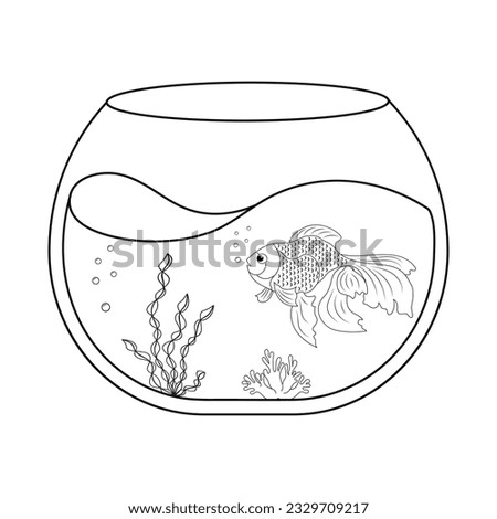 fish, aquarium, bowl, fishbowl, vector, icon, line, white, outline, coloring, goldfish, drawing, black, tank, gold, illustration, cartoon, water, pet, art, draw, simple, jumping, isolated, sketch, kid