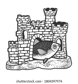 fish in the aquarium castle sketch engraving vector illustration. T-shirt apparel print design. Scratch board imitation. Black and white hand drawn image.