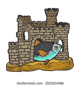 fish in the aquarium castle sketch engraving vector illustration. T-shirt apparel print design. Scratch board imitation. Black and white hand drawn image.