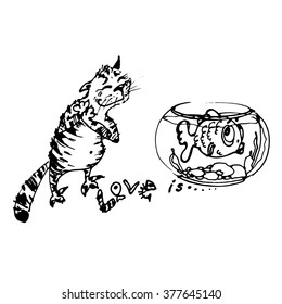Fish in an aquarium and cat