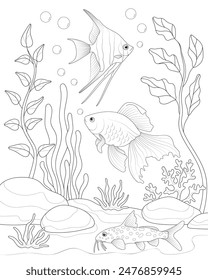 Fish in the aquarium. Coloring for adults. Black and white vector image.