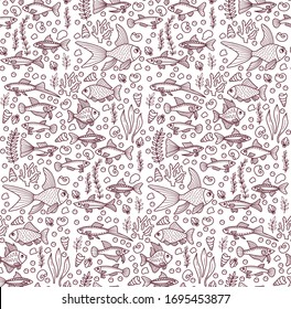 Fish aquarium doodle icons seamless vector pattern