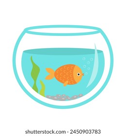 Fish in the aquarium. goldfish swim. Glass vase with water. Cute cartoon kawaii funny baby character. Pet collection. Childish style. Flat design. White background. Isolated. Vector illustration