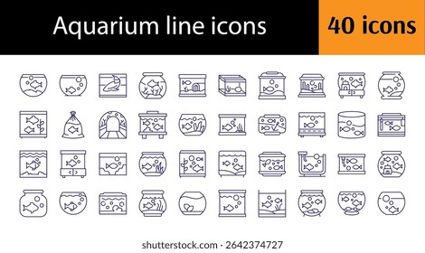 Fish in Aquarium Outline Web Line Icons Collection. Minimalistic Linear Pictogram for Web and Graphic Design, Apps, Banners, Social Network and Cards