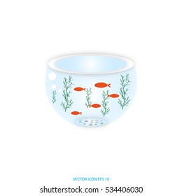 Fish and aquarium  vector. Bowl with water 