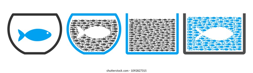 Fish aquarium vector illustration set with collage elements filled by fish icons in blue and gray colors. Flat eco style with mosaic items.
