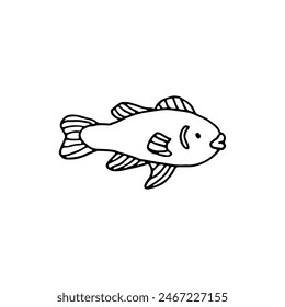 Fish, aquatic vertebrate animal. Sea World.Doodle. Vector illustration. Hand drawn. Outline.