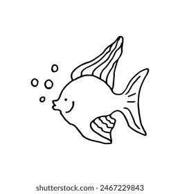 Fish, aquatic vertebrate animal. Sea, underwater world.  Doodle.  Vector illustration. Hand drawn. Outline.