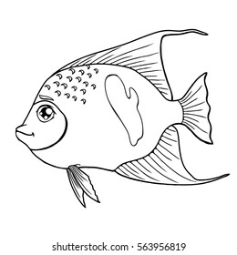 Fish arabian angel black contour on a white background isolated. Marine animal. Coloring page book. Vector cartoon illustration. Manual contour line.
