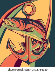 peces alrededor de la ilustración vectorial de anclaje
