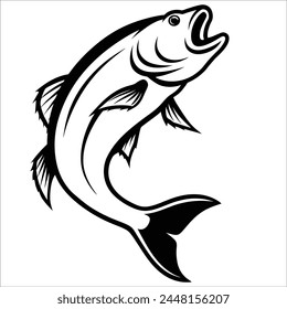 Arte de pescado muy detallado en estilo de arte de línea. Vector de silueta de pescado. Vector de pescado blanco y negro sobre fondo blanco. Elemento de diseño para logotipo, etiqueta, insignia, signo y boceto de pescado para libro de colorear.