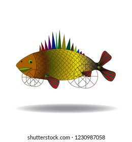 Fish, art,surrealism. Fish on wheels flying over the desert