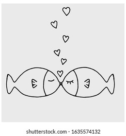 Fish, baby cute hand drawn toy. Doodle vector illustration, icon, design element. Black monochrome design. Isolated on white background. Easy to change color. Valentine's Day, fish in love, kiss.
