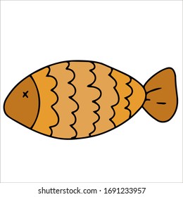 Fish, baby toy cute hand drawn doodle vector illustration, sticker, icon, design element. Black monochrome design. Isolated on white background. Easy to change color. Decorative element. Coloring.