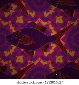Fish background can be used as print for baby apparel, t-shirts, kids clothes, cards, packaging design. Swimming fishes vector seamless pattern in orange, purple and brown colors.