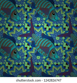 Fish background can be used as print for baby apparel, t-shirts, kids clothes, cards, packaging design. Swimming fishes vector seamless pattern in blue, green and brown colors.