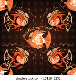 Fish background can be used as print for baby apparel, t-shirts, kids clothes, cards, packaging design. Swimming fishes vector seamless pattern in orange, brown and black colors.