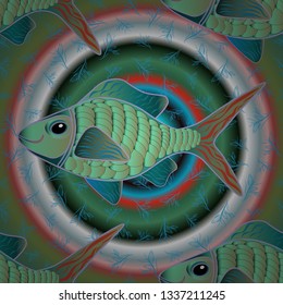 Fish background can be used as print for baby apparel, t-shirts, kids clothes, cards, packaging design. Swimming fishes vector seamless pattern in green, gray and blue colors.