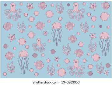 fish background (fish, coral, octopus, jellyfish)