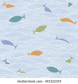 Fish background. Doodle hand drawn sea waves pattern. Vector seamless wallpaper.