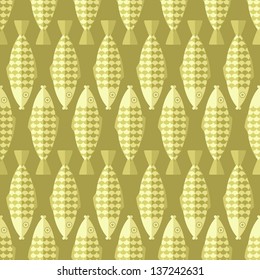 Fish background. Gold background. Vector seamless vintage pattern with geometric fish.