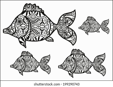 Fish background, hand drawn art in graphic style, tribal ethnic ornamental totem, lace pattern