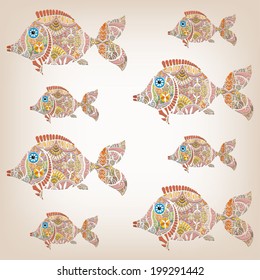 Fish background, hand drawn art in graphic style, tribal ethnic ornamental totem