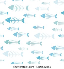 Fish background, skeleton fish, seamless pattern, sea color. Abstract vector illustration