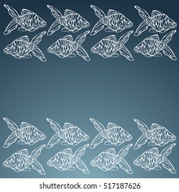 Fish. Background with sketches of different fish. Leaflets, booklets for advertising and design. handmade silhouettes: bream, carp, trout, salmon, sturgeon, walleye. Vector illustration