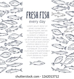 Fish background. Vector page seafood design with bream, mackerel, tunny or sterlet, codfish and halibut. Outline icon tilapia, ocean perch, sardine, anchovy, sea bass and dorado. Retro style