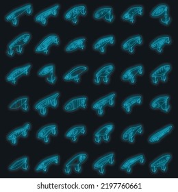 Fish bait icons set. Isometric set of fish bait vector icons neon color on black