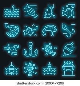 Fish bait icons set. Outline set of fish bait vector icons neon color on black
