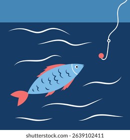 fish and baited hook under the water, fishhook in underwater, fishing concept in cartoon style, vector illustration
