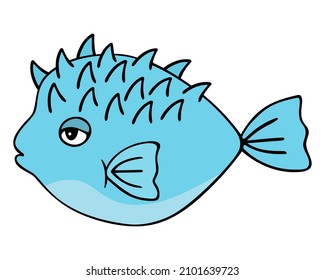 Fish ball. Blue fish. Colored vector illustration. A spiny fish with fins and a tail. Ocean dweller with thorns. Sea puffer. Cartoon style. Isolated background. Idea for web design, books.