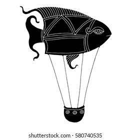 Fish balloon illustration - black and white illustration of balloon with basket