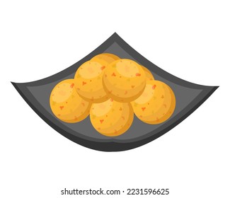Fischen Sie Bälle in einer rechteckigen Platte. Straßenasiatisches Essen. Vektorgrafik.