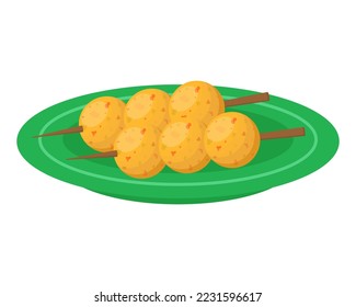 Fish balls with a skewer on a plate. Street food. Vector illustration.
