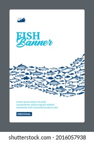 Fish banner or flyer concept with blue fish abstract school on a background for fisheries, fishing, fish markets, packaging or advertising